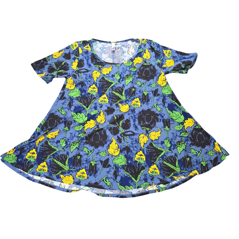 LuLaRoe Irma Tunic Top Women's Size M Blue Floral Short Sleeve Scoop Neck A-Line